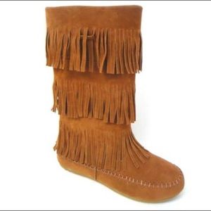 Mid Calf Faux Suede Moccasins 3Layer Fringe boots